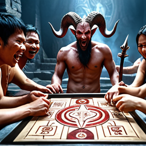 A group of Thai players in Ragnarok Valhalla Rising, celebrating after defeating Baphomet in the Labyrinth, Baphomet Card shining in one player's inventory. Focus on expressions of excitement and teamwork.